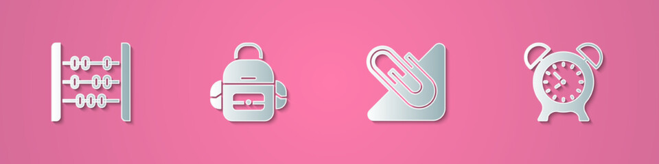 Set paper cut Abacus, School backpack, Paper clip and Alarm clock icon. Paper art style. Vector