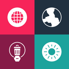Set pop art Sun, Trash can, Worldwide and Social network icon. Vector