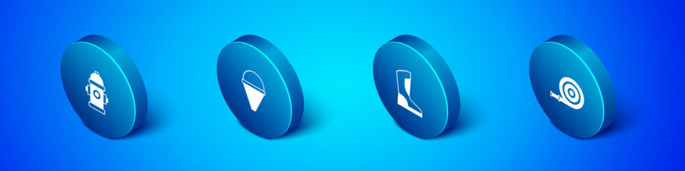 Set Isometric Fire hydrant, boots, hose reel and cone bucket icon. Vector