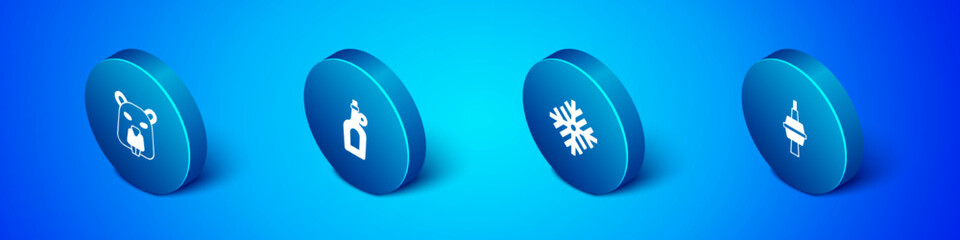 Set Isometric Beaver animal, Snowflake, TV CN Tower in Toronto and Bottle of maple syrup icon. Vector