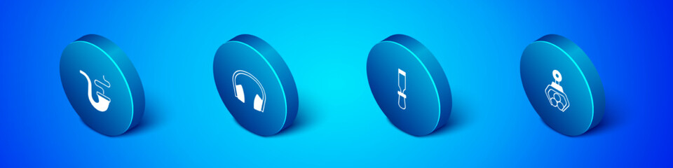 Set Isometric Smoking pipe, Chisel tool, Grapple crane grabbed a log and Headphones icon. Vector