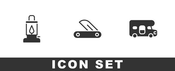 Set Camping lantern, Swiss army knife and RV motorhome vehicle icon. Vector