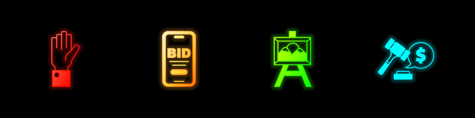 Set Hand holding auction, Online, Auction painting and hammer price icon. Vector