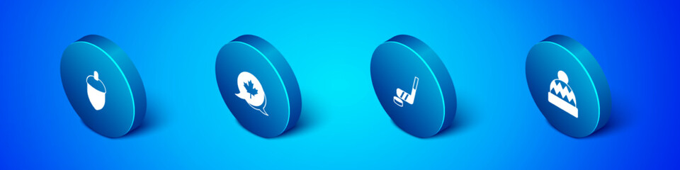 Set Isometric Acorn, Ice hockey stick and puck, Beanie hat and Canadian maple leaf icon. Vector