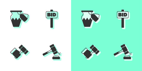 Set Auction hammer, ancient vase, and Hand holding auction paddle icon. Vector