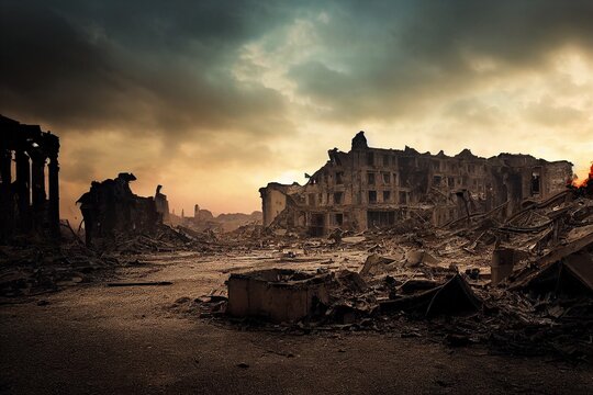 Destroyed cities after bombing raid, ruins, destroyed building, dust and burnt villages. Apocalyptic landscape after war. Photo realistic, concept art, cinematic light, background, wallpaper, illustra