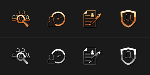 Set Magnifying glass for search job, Work time, Resume and User protection icon. Vector