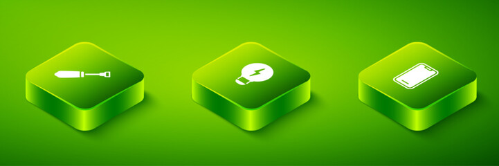Set Isometric Creative lamp light idea, Mobile phone and Screwdriver icon. Vector