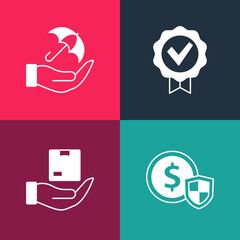 Set pop art Money with shield, Delivery insurance, Approved and check mark and Umbrella hand icon. Vector