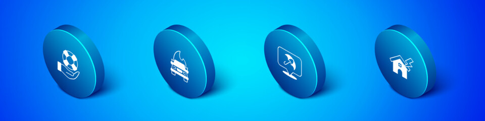 Set Isometric Lifebuoy in hand, Umbrella, House lightning and Burning car icon. Vector