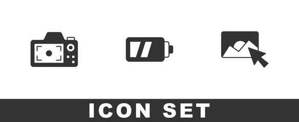 Fototapeta na wymiar Set Photo camera, Battery for and retouching icon. Vector