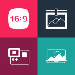 Set pop art Photo retouching, Action extreme camera, frame and 16 icon. Vector