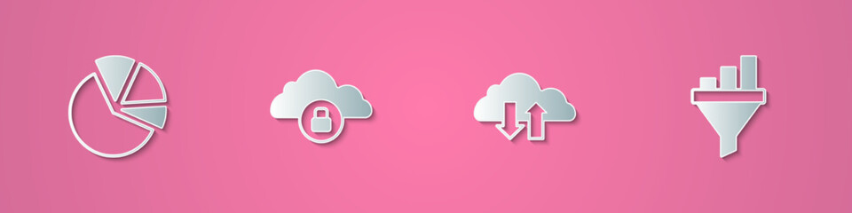 Set paper cut Pie chart infographic, Cloud computing lock, download and upload and Sales funnel with icon. Paper art style. Vector