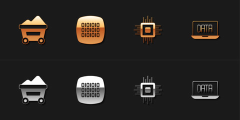 Set Coal mine trolley, Binary code, Processor CPU and Data analysis icon. Vector