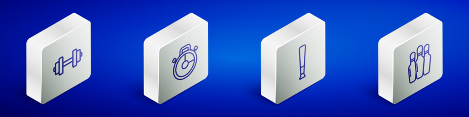Set Isometric line Dumbbell, Stopwatch, Baseball bat and Bowling pin icon. Vector