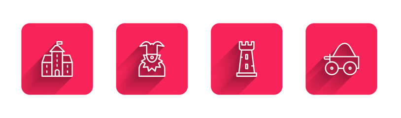 Set line Castle, fortress, Joker head, tower and Wooden four-wheel cart with long shadow. Red square button. Vector