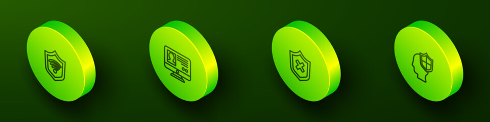 Set Isometric line Shield with WiFi wireless, Create account screen, cross mark and Head shield icon. Vector