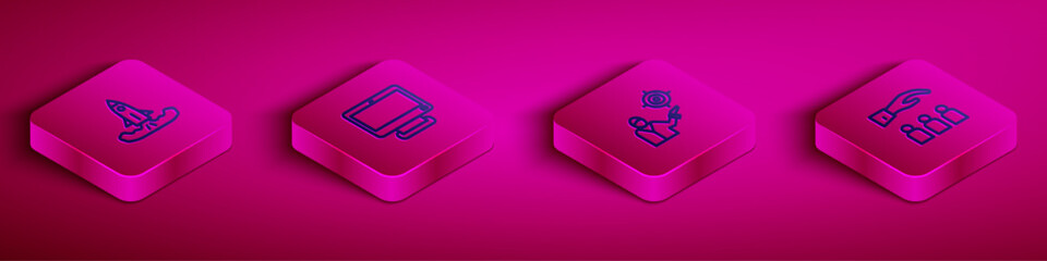 Set Isometric line Rocket, Computer monitor, Marketing target strategy and Boss with employee icon. Vector
