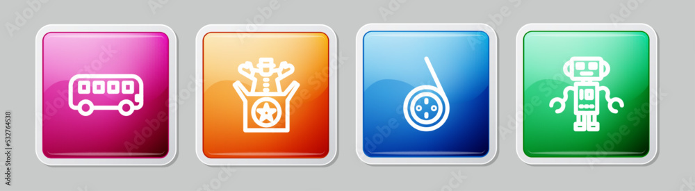 Sticker Set line Bus toy, Jack in the box, Yoyo and Robot. Colorful square button. Vector