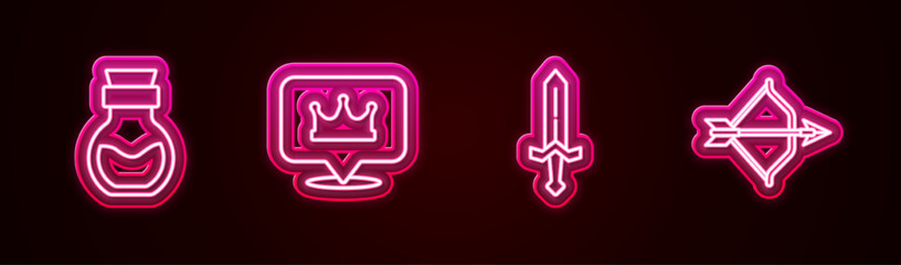 Set line Poison in bottle, Location king crown, Medieval sword and bow and arrow. Glowing neon icon. Vector