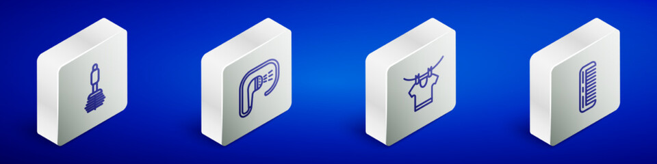 Set Isometric line Toilet brush, Shower, Drying clothes and Hairbrush icon. Vector