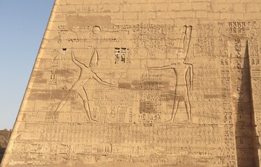 Pharaonic wall relief at temple of Ramses III (Medinet Habu) in Luxor, Egypt 