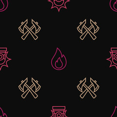 Set line Flasher siren, Firefighter axe and flame on seamless pattern. Vector