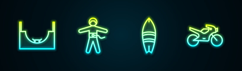 Set line Skate park, Bungee jumping, Surfboard and Motorcycle. Glowing neon icon. Vector