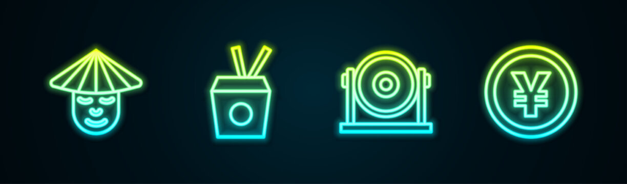 Set line Chinese man, Noodles box and chopsticks, Gong and Yuan currency. Glowing neon icon. Vector