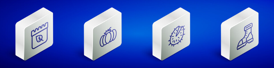 Set Isometric line Calendar with autumn leaves, Pumpkin, Chestnut and Waterproof rubber boot icon. Vector