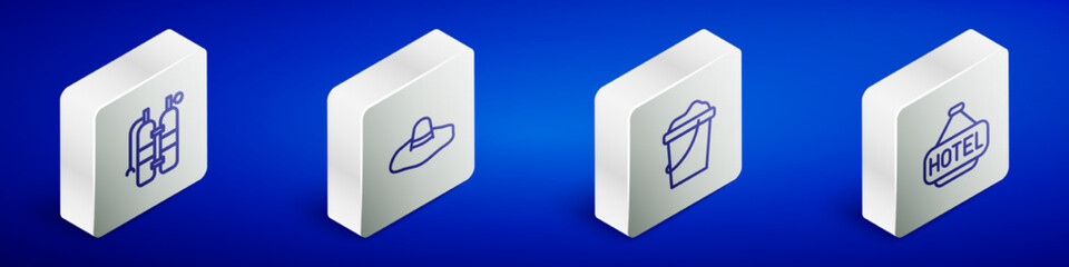 Set Isometric line Aqualung, Elegant women hat, Sand in bucket and Signboard with text Hotel icon. Vector