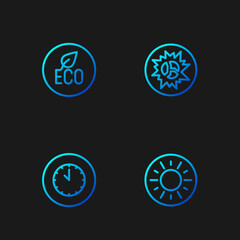 Set line Sun, Clock, Leaf Eco symbol and Bomb explosion. Gradient color icons. Vector