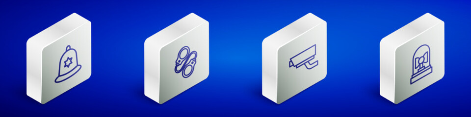 Set Isometric line British police helmet, Handcuffs, Security camera and Flasher siren icon. Vector