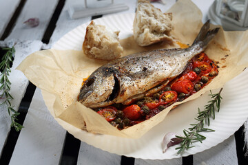 Whole, baked sea bream served with vegetables, on a plate, top view. Roasted fish on a parchment...