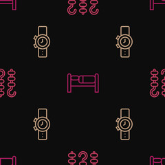 Set line Grilled shish kebab on skewer, Wrist watch and Bed on seamless pattern. Vector