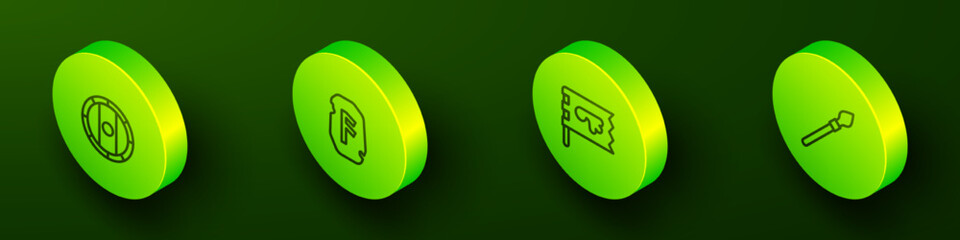 Set Isometric line Shield viking, Magic rune, Viking flag and Medieval spear icon. Vector