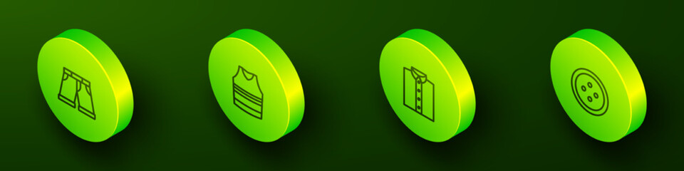 Set Isometric line Short or pants, Undershirt, Shirt and Sewing button for clothes icon. Vector
