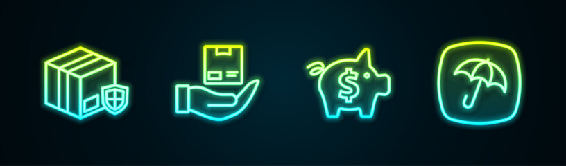 Fototapeta premium Set line Delivery security with shield, insurance, Piggy bank and Umbrella. Glowing neon icon. Vector