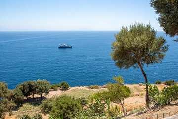 Fototapeta na wymiar seascape with nature sea and boats at Ischia Ponte