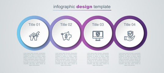 Set line House and lightning, Piggy bank, Insurance online and Shield hand. Business infographic template. Vector