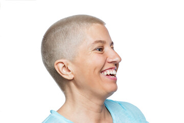 Fototapeta premium The bald woman laughs. Positivity and optimism. Close-up. Isolated on white background.