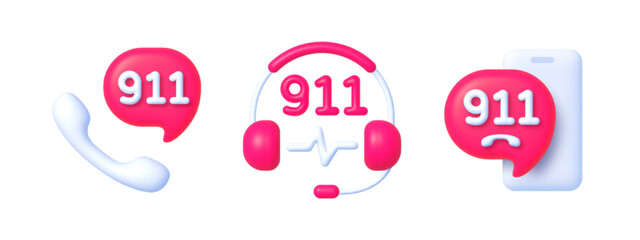911 Icon set for infographic or website. 911 icons in 3D style on white background. Distress call, rescue service, emergency service and ambulance. Collection of red signs. Vector 3D illustration
