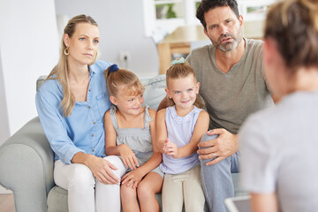 Family counseling from home, parents worry and listen to therapist to get help issue for children....