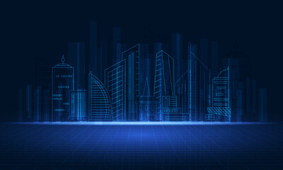 Digital city abstract technology with dark blue.Building futuristic illustrator.