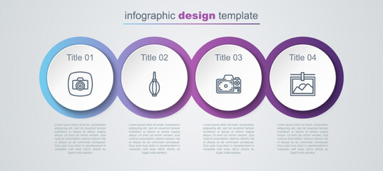 Set line Photo camera, Dust blower, and frame. Business infographic template. Vector