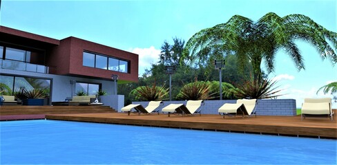 Swimming pool and wooden terrace with beige outdoor loungers in the courtyard of a stylish private estate. Cozy environment and a sense of serenity. 3d render.