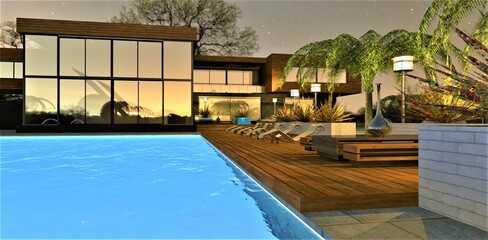 Wonderful evening in the courtyard of a modern country house. Yellow light from lanterns. Illuminated swimming pool. Sun loungers on a wooden deck. 3d render.