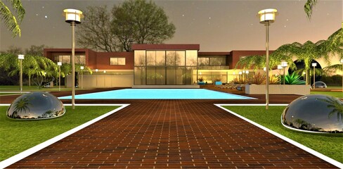 A red brick pavement with a white luminous border to an illuminated pool in front of a chic country estate among night lights under a starry sky. 3d render.