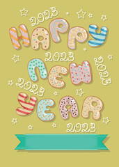 Happy New Year 2023. Funny letters as sweet donuts with cream and nuts decor. Yellow background with white creame stars and numbers. Green banner for custom text. Vector Illustration