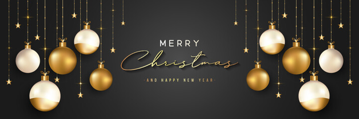 Fototapeta premium Christmas banner. Luxury and elegant black horizontal xmas design with stars and golden christmas balls hanging on ribbons. Suit for poster, greeting card, website, header, flyer. Vector illustration